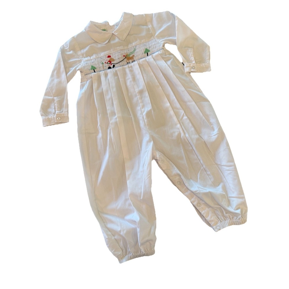Vintage Kesa Infant Santa Reindeer White Long Sleeve Smocked Romper sz 18 Months